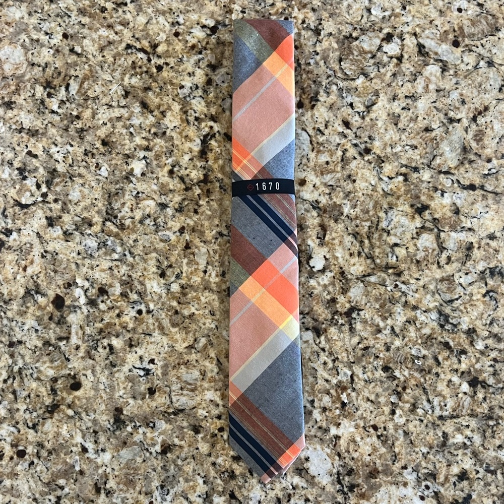 New - 1679 Diagonal Plaid Necktie in Coral, Gray, and Navy
